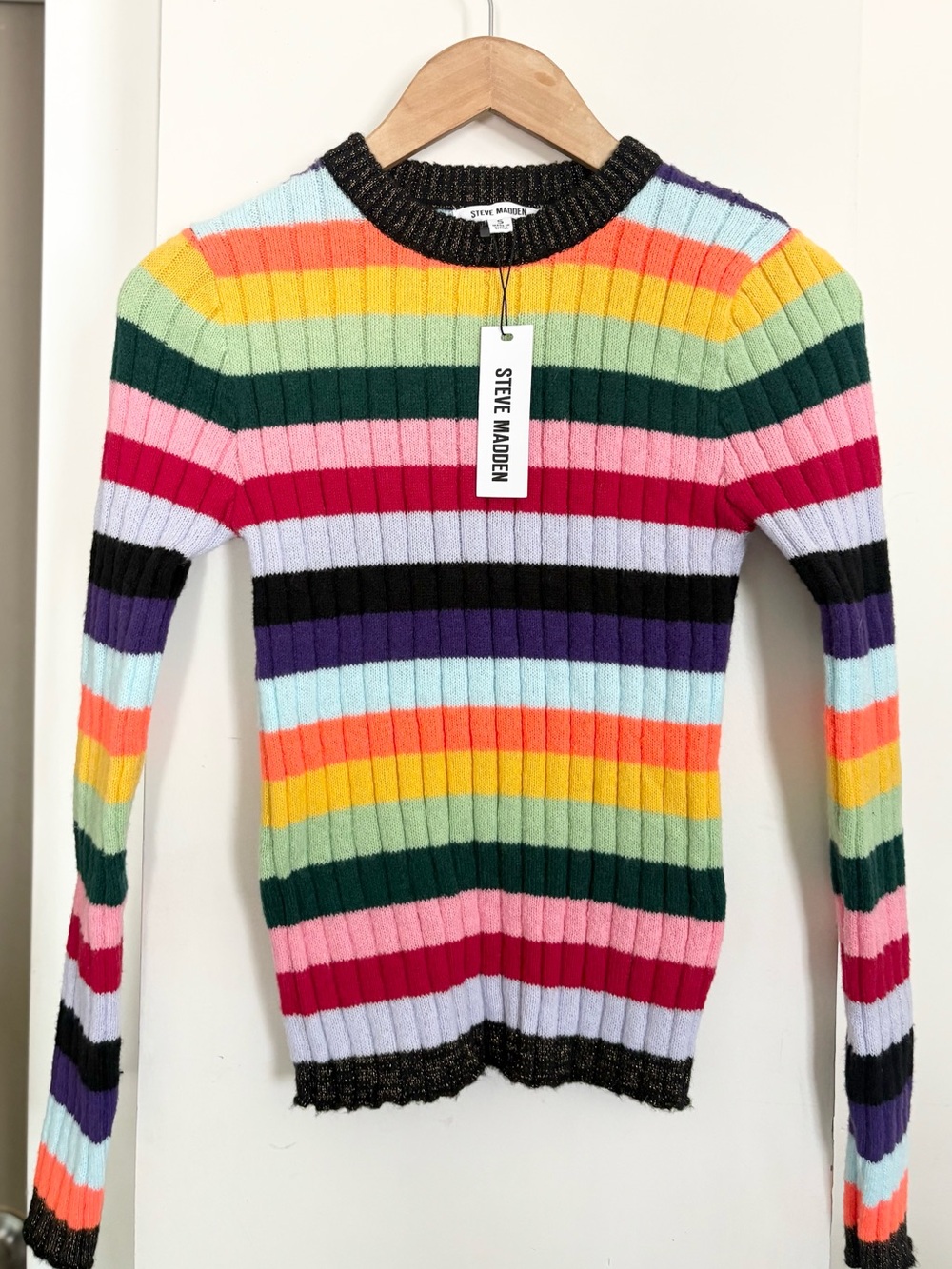 Steve Madden Rainbow Striped Ribbed Crewneck Sweater